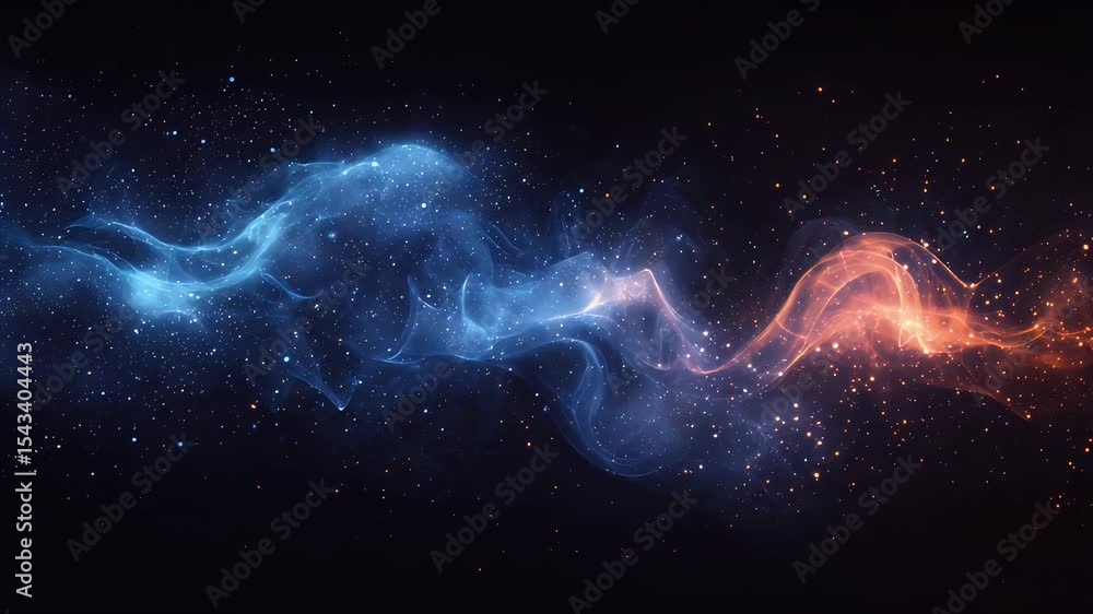 Poster swirling light forms colorful waves with glowing particles on a dark background