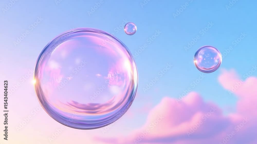 Poster Floating Soap Bubbles: The serene image features clear, reflective bubbles against the backdrop of a gentle, pastel sky, evoking feelings of peace and wonder.