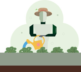 Futuristic Robot Workers in Everyday Human Jobs. A minimalist illustrations showing robot as gardener. Concept art exploring AI integration into daily human professions.