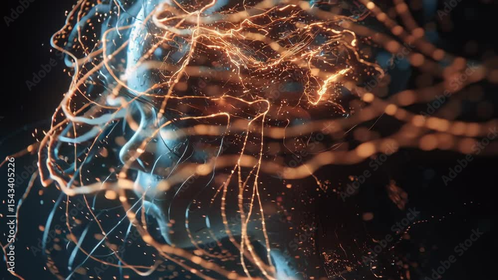 Poster orange particles and energy emanate from a child's head, creating a visually captivating display of 