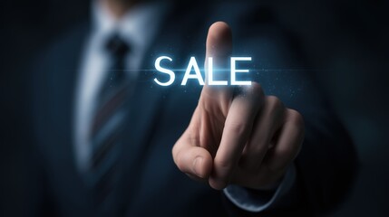 Businessman pointing at illuminated sale icon for marketing concept