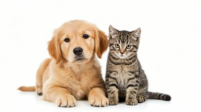 A Heartwarming Encounter: A Golden Retriever Puppy and a Tabby Cat Pose Together Against a Crisp White Background, Showcasing Unconditional Friendship and Affection