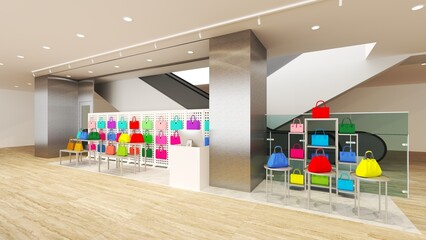 3d interior design of department store rendering selling colorful bags