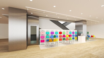 3d interior design rendering of department store rendering selling colorful bags