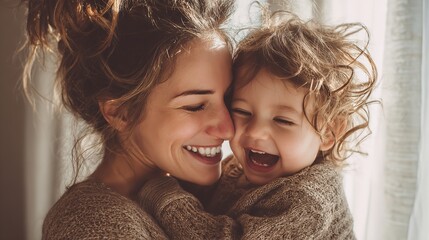 Mother and child laughing portrait happy family motherhood parenting love joy affection happiness together 100