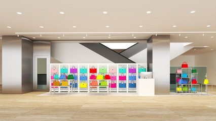 3d interior design of department store rendering selling colorful bags