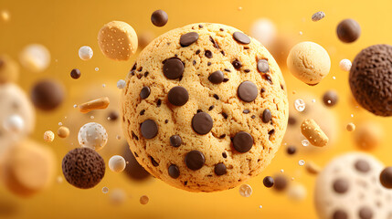.A colorful vector celebrating National Chocolate Chip Cookie Day, with a large, close-up cookie with chocolate chips surrounded by smaller cookie elements. The image has a cheerful, inviting feel,