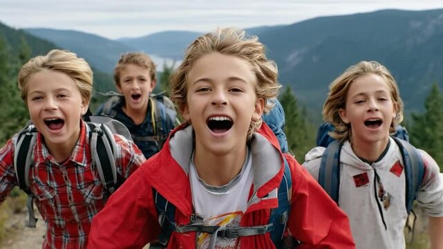 Hiking Joy: Capturing a group of young adventurers beaming with elation as they journey on a hiking trail through mountainous terrain. Embodying the vibrant energy and camaraderie of youth.