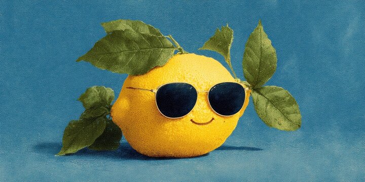 A lemon wearing sunglasses and leaves.