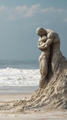 Sand sculpture of two figures embracing on a beach.