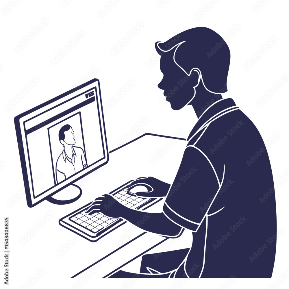 Poster silhouette illustration of a man using a computer for a video call