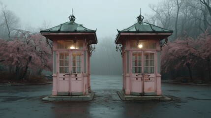 Vintage pink ticket booths in a foggy and serene setting