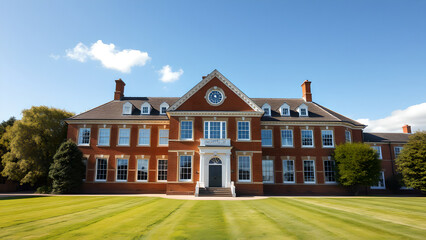 Front view of a classic school building on a bright sunny day, with a large red-brick façade
