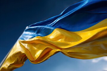 Ukraines flag billows the blue and yellow fabric ripples against a deep blue sky with hints of sunlight