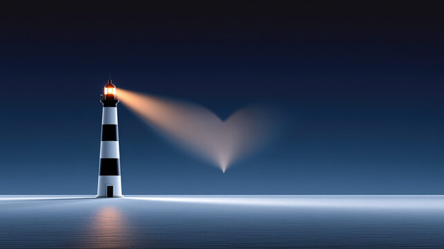 Lighthouse beams light across calm waters, creating a heart shape in the sky, symbolizing hope and guidance in times of need for World Humanitarian Day