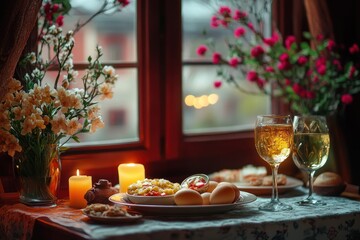 Easter table on background of the window. Flowers, dishes and candles on the background of a red window