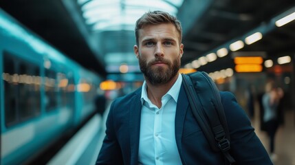 Fototapeta premium A well-dressed man stands confidently at a busy train station, reflecting modernity and individuality as he awaits his journey amidst commuters in a bustling urban environment.