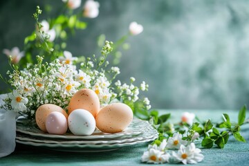 Easter eggs on white plates on green pastel background. Daisies.