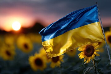 Ukrainian flag waving in a sunflower field at sunset with the sun visible in the background