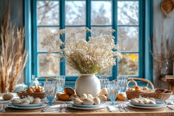 Vase with flowers and Easter eggs in pastel color. Decorated Easter table