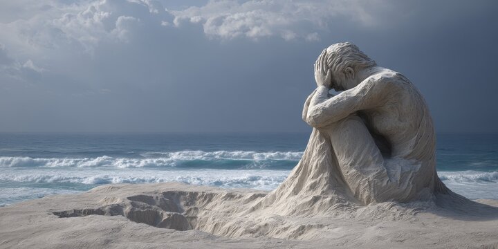 A sculpted figure sits on the beach, lamenting.