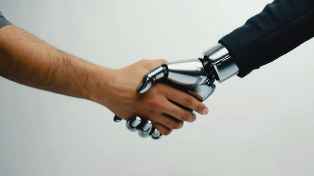 Close-up of a human and a humanoid robot shaking hands. A symbol of cooperation, trust and the merging of technology with human life.