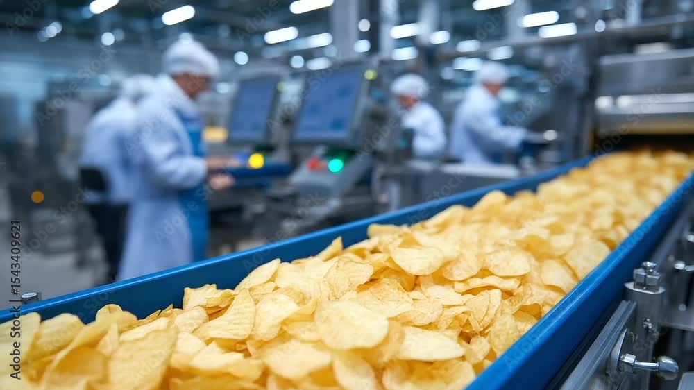 Poster high-speed production line with thousands of potato chips neatly arranged on a moving belt, workers 
