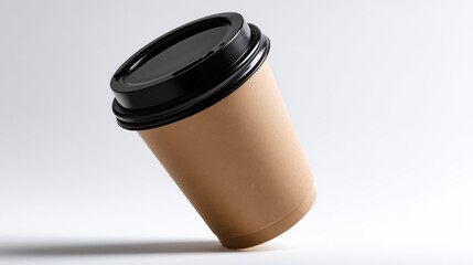 Paper coffee cup with black lid in a minimalist and modern design style