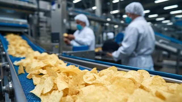 High-speed production line with thousands of potato chips neatly arranged on a moving belt, workers in clean uniforms monitoring quality