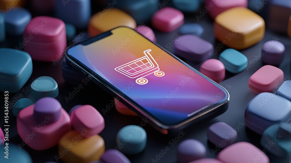 Poster online shopping app on mobile phone with shopping cart icon and colorful background for e commerce c