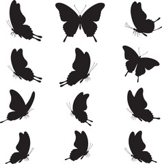 Varied butterfly silhouettes in different flight and resting positions