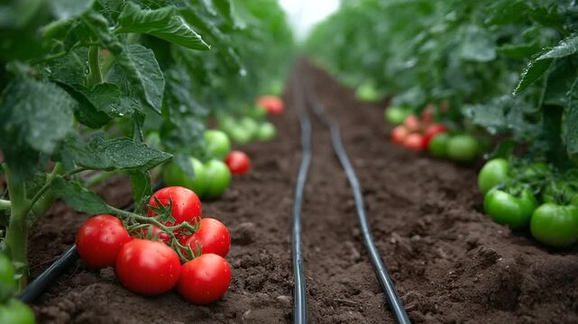A greenhouse aisle filled with rows of ripe vegetables