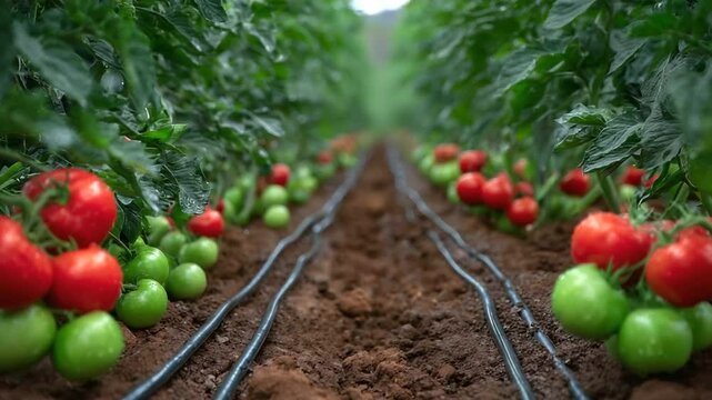 A greenhouse aisle filled with rows of ripe vegetables