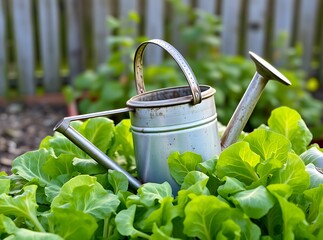 Watering Can in Lush Garden: An old metallic watering can sits amidst a bed of vibrant, flourishing green plants, suggesting a scene of careful nurturing and the promise of a bountiful harvest.