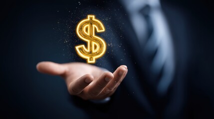 Business hand showcasing a glowing dollar sign symbol in a dark background