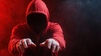 A shadowy figure dressed in a red hoodie stands ominously in darkness, evoking feelings of mystery, secrecy, and suspense, captivating the viewer's imagination and curiosity.