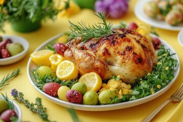 Roast duck on table. Festive table in yellow toahs