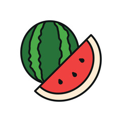 Watermelon in red, green, and black tones presents a vibrant and mouthwatering fruit icon.