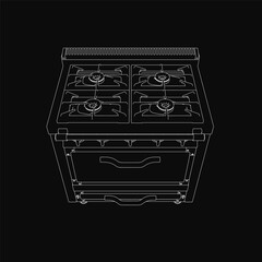 Black and white gas stove with four burners and two drawers, featuring a dark background for stark contrast. The detailed line drawing highlights the stove's classic design and functional elements.