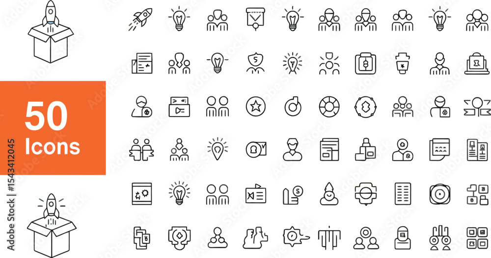 Poster startup business icon set fifty line icons for web design and mobile apps