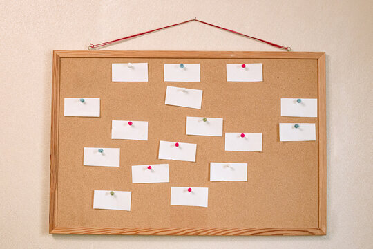 Home office organization board. Notice board with blank reminders and colorful pushpins. Neurodiversity Focus  creative map. 
