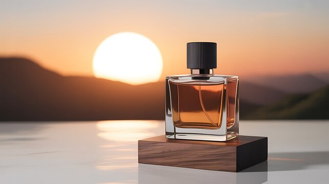 Luxury perfume bottle at sunset with mountain view
