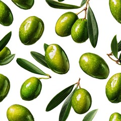 Green olives and leaves on white background