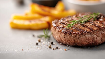 A perfectly grilled steak garnished with fresh herbs, served alongside golden grilled potatoes, showcasing a mouthwatering and delectable dinner experience.