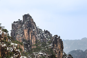 Beautiful natural landscape with pine trees on granite mountain at Huangshan or Yellow Mountain, popular tourism landmark in China
