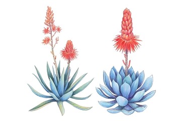Watercolor illustration of aloe vera plants with beautiful orange flowers on white background