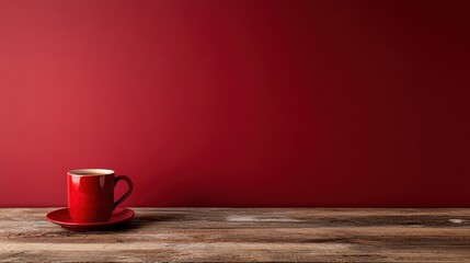A vibrant red cup filled with coffee is positioned on a rustic wooden table, contrasting sharply against a smooth, rich red background, evoking warmth and comfort.