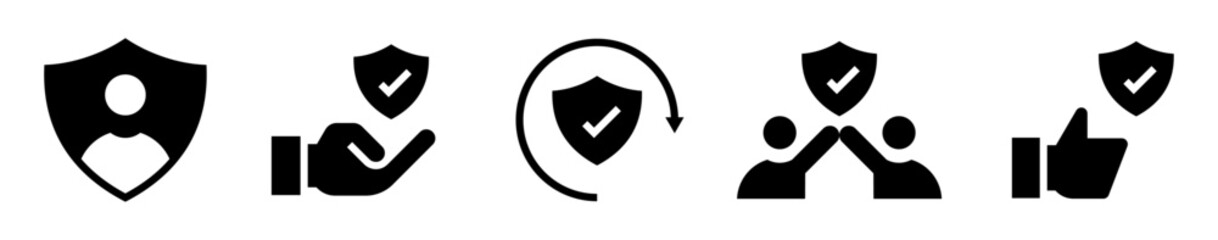 Conjunto de iconos sólidos de protección y seguridad. Confianza, respaldo, validación y antivirus. Ilustración vectorial