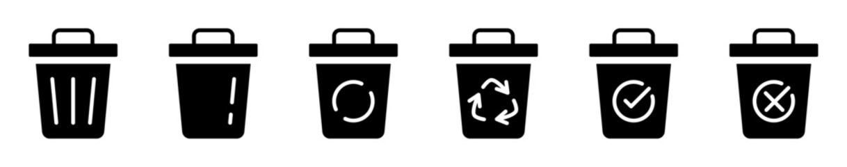 Conjunto de iconos sólidos de papelera. Contenedor de basura, reciclaje, eliminación y gestión de residuos. Ilustración vectorial