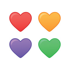 Set of four colorful heart icons in red, orange, purple, and green. Glossy 3D style design representing love, emotions, feelings, and affection. Perfect for apps, stickers, or web design.